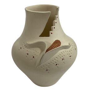 Handcrafted ZeSun Rise White Ceramic Vase with Corn Motif  Stepped Design Signed